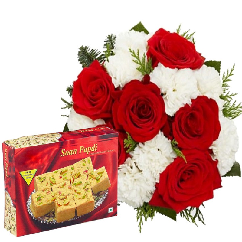 One Kg Soan Papdi And Flowers Bouquet