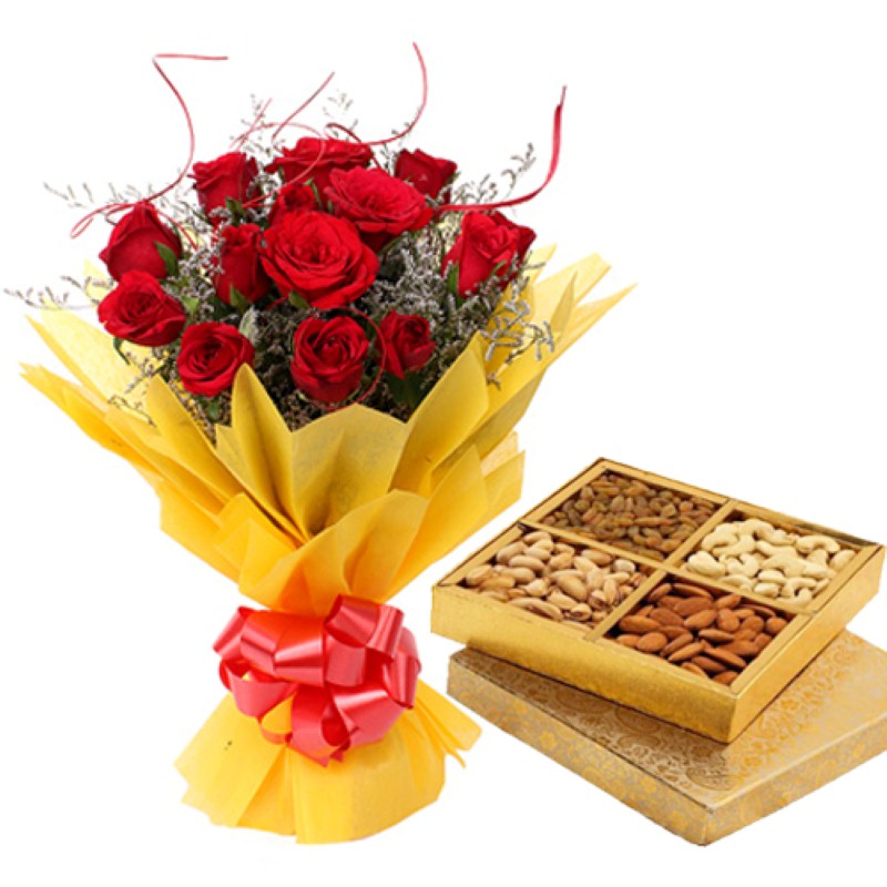 Happiest Love Pack of Roses And Dryfruit Gifts