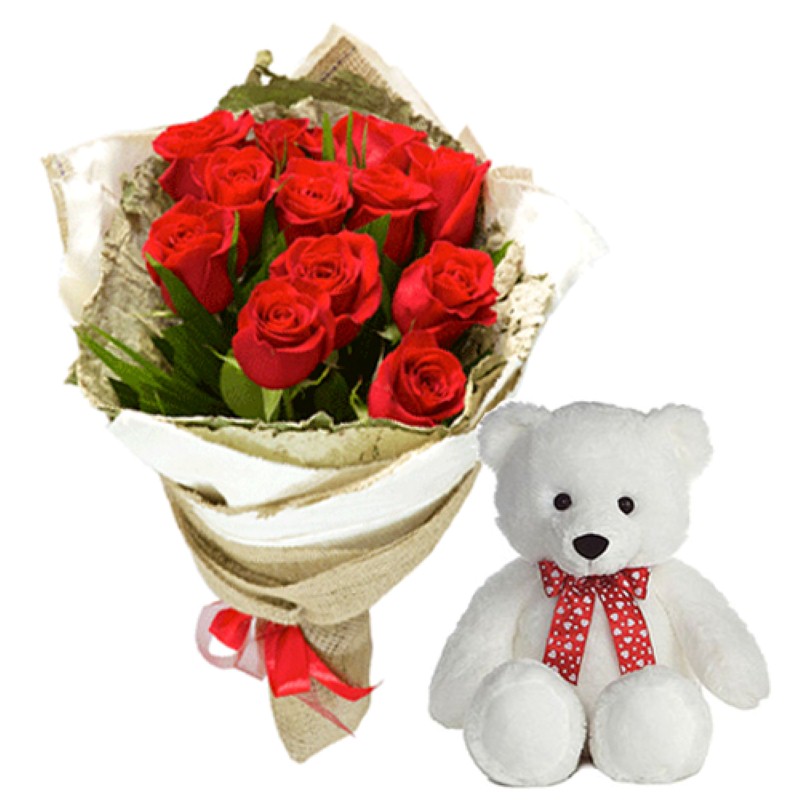 Teddy Bear With Roses Bunch