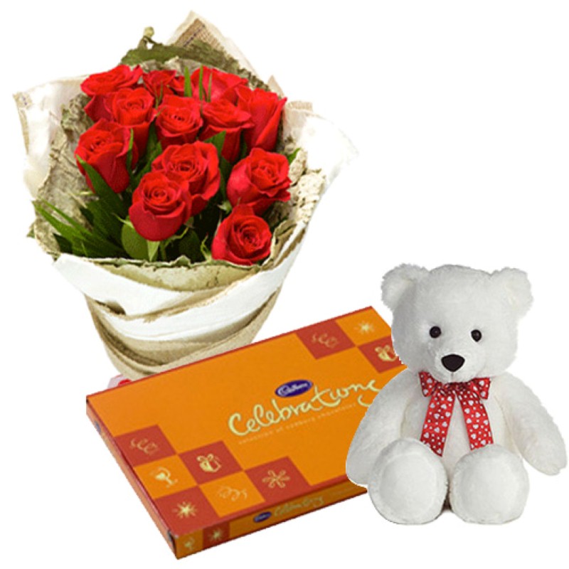 Teddy Bear With Roses Bunch And Celebration