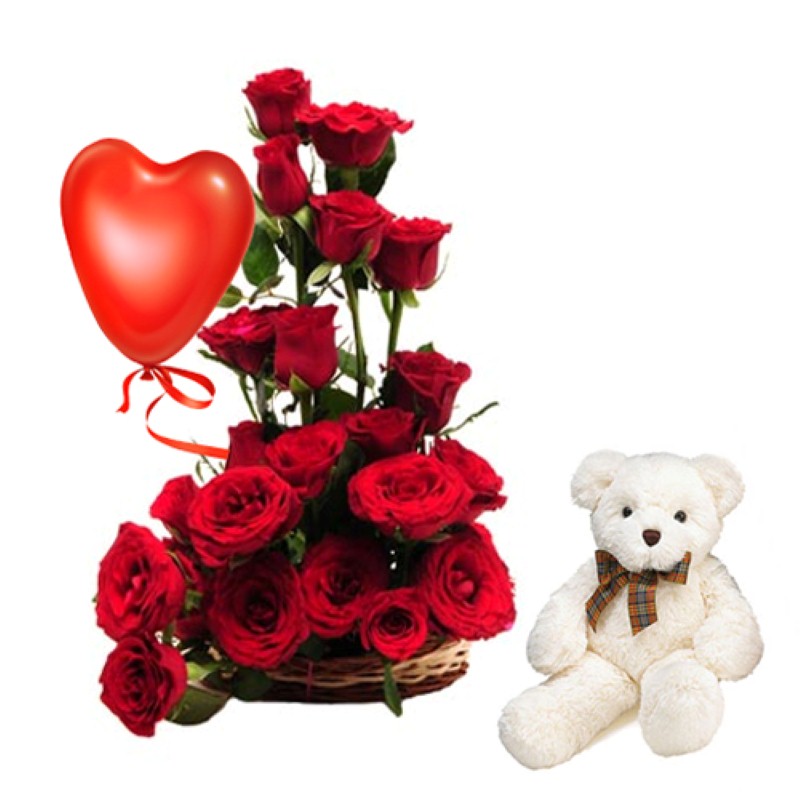 Valentine Basket of Roses Arrangement With Balloon And Teddy Bear