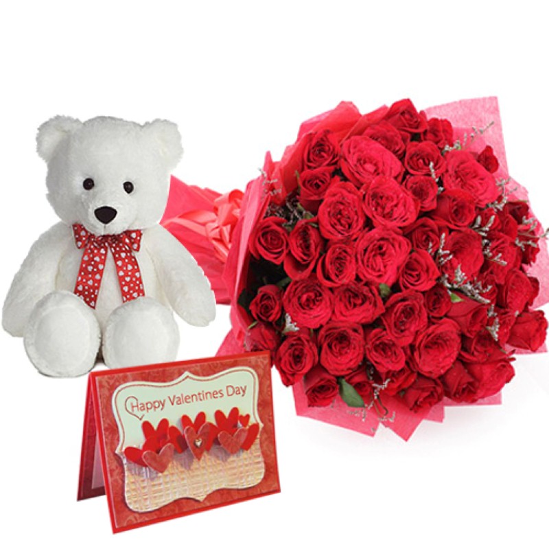 Bouquet of Roses and Cute Teddy with Valentine Greening Card