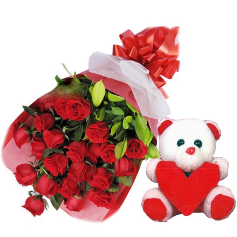 Bunch of Twenty Roses with cute Teddy for Love