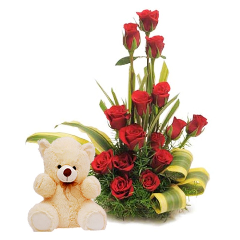 Arrangement of Fifteen Red Roses with Cute Teddy