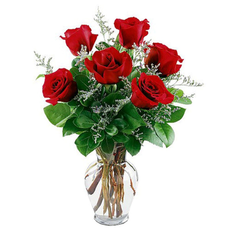 Six Lovely Red Roses In A Glass Vase