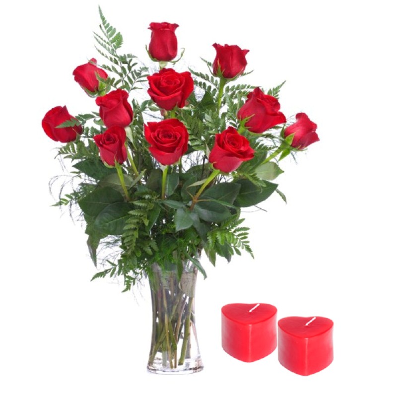 Dozen Red Roses with Candles For Valentine Day