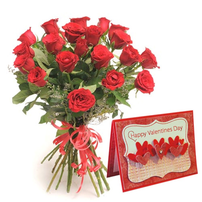 Bunch of Twenty Red Roses with Valentine Greeting Card