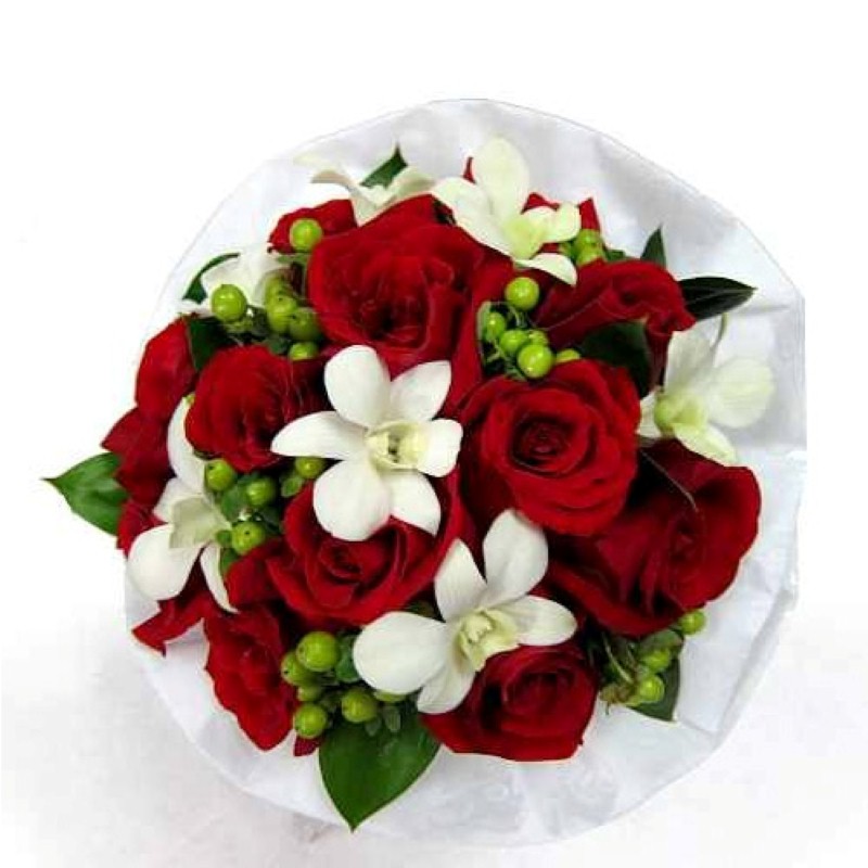Valentine Day White Orchid and Red Roses Bouquet