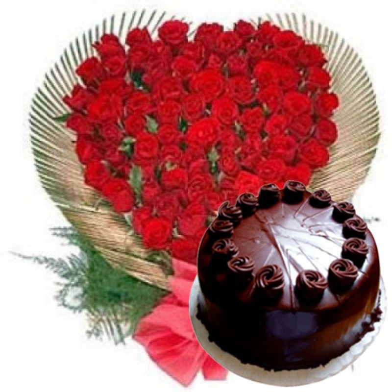 50 Roses Heart with Chocolate Cake