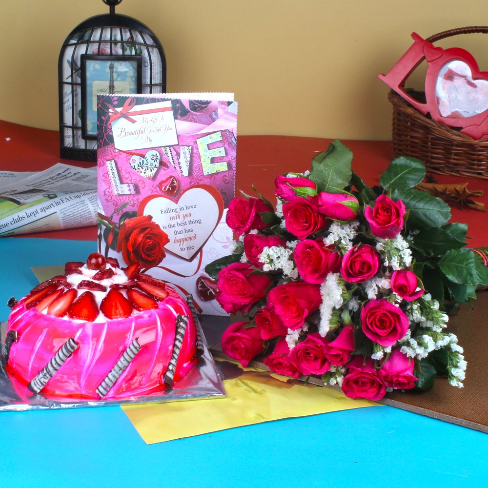 Pink Roses Bouquet with Strawberry Cake and Love Card