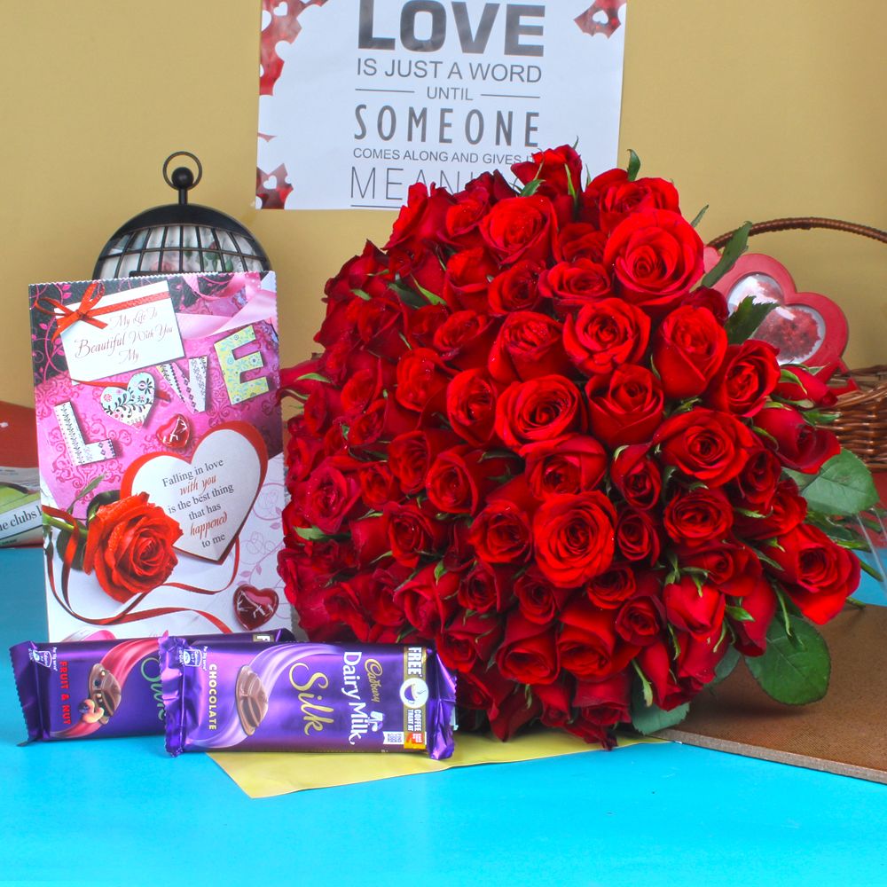 Red Roses Bouquet with Chocolate and Card