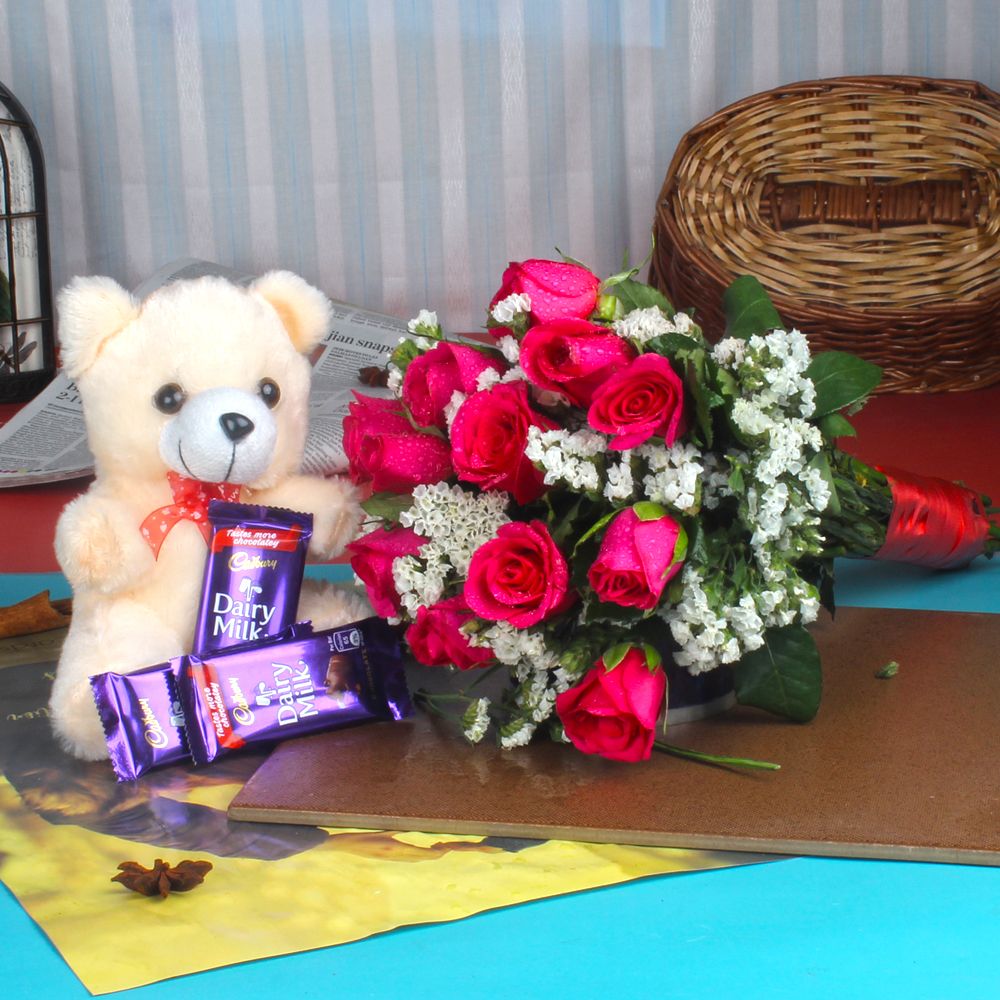 Pink Roses with Teddy Bear and Chocolate