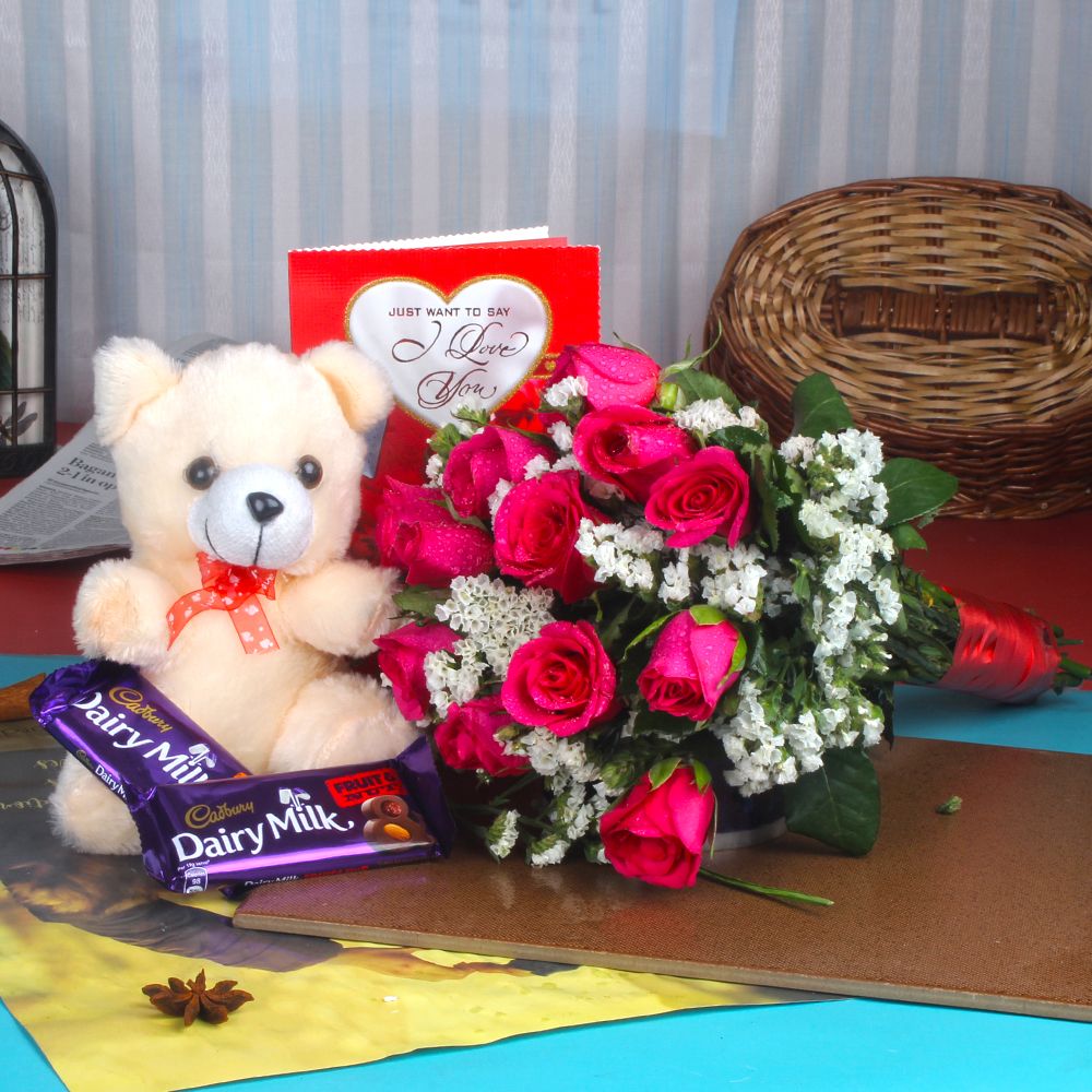 Fruit n Nut Chocolate with Teddy Bear and Roses Bouquet