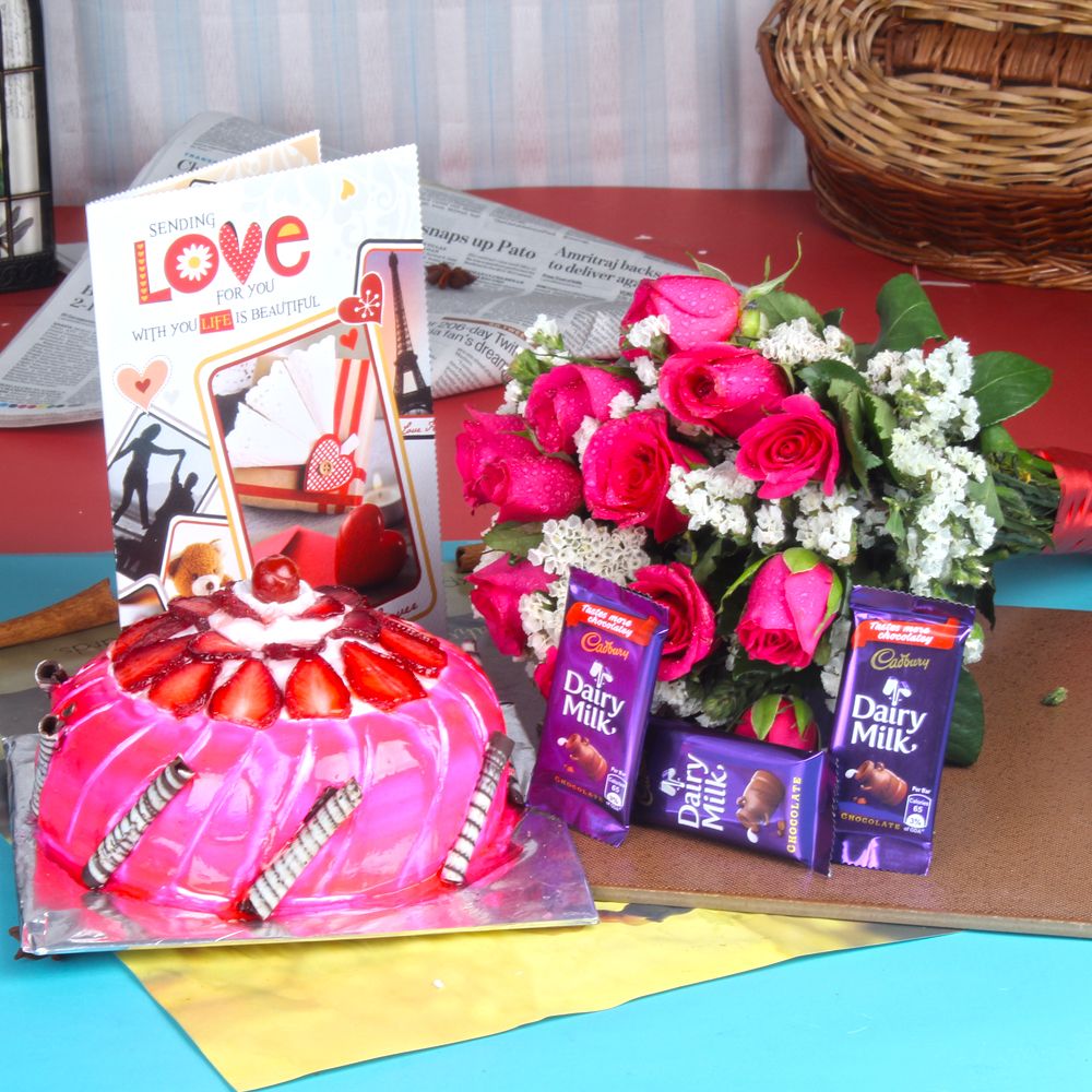 Roses Cakes Chocolate with Card Valentine Combo