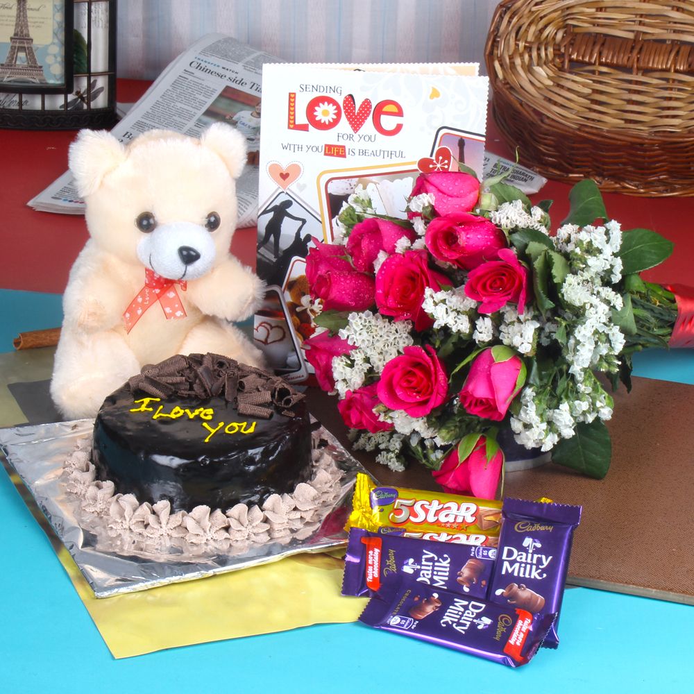 Chocolate Cake Treat Fresh Flowers with Teddy and Assorted Chocolate.