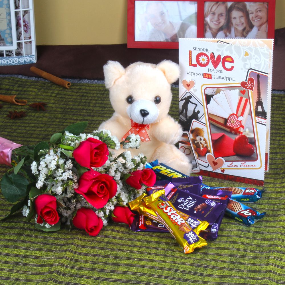 Pink Roses with Cute Teddy Hamper