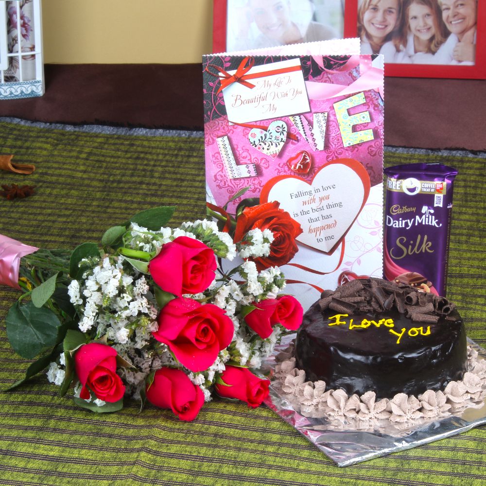 Bouquet of 6 Pink Roses Chocolate Cake and Love Card with Dairy Milk Silk