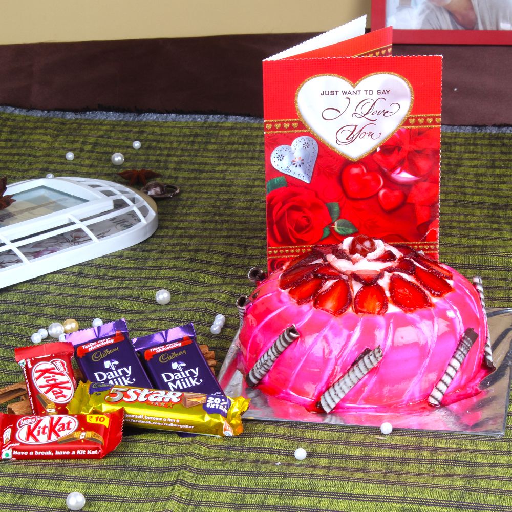 Assorted Chocolate with Strawberry Cake and Love Greeting Card