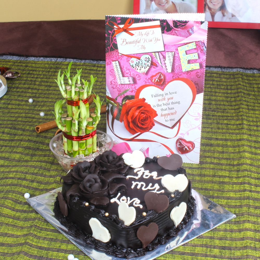 Heart Shape Chocolate Cake with Goodluck Wishes and Love Card