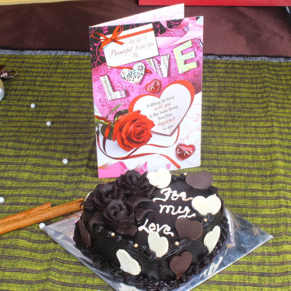Heart Shape Chocolate Cake with Love Greeting Card