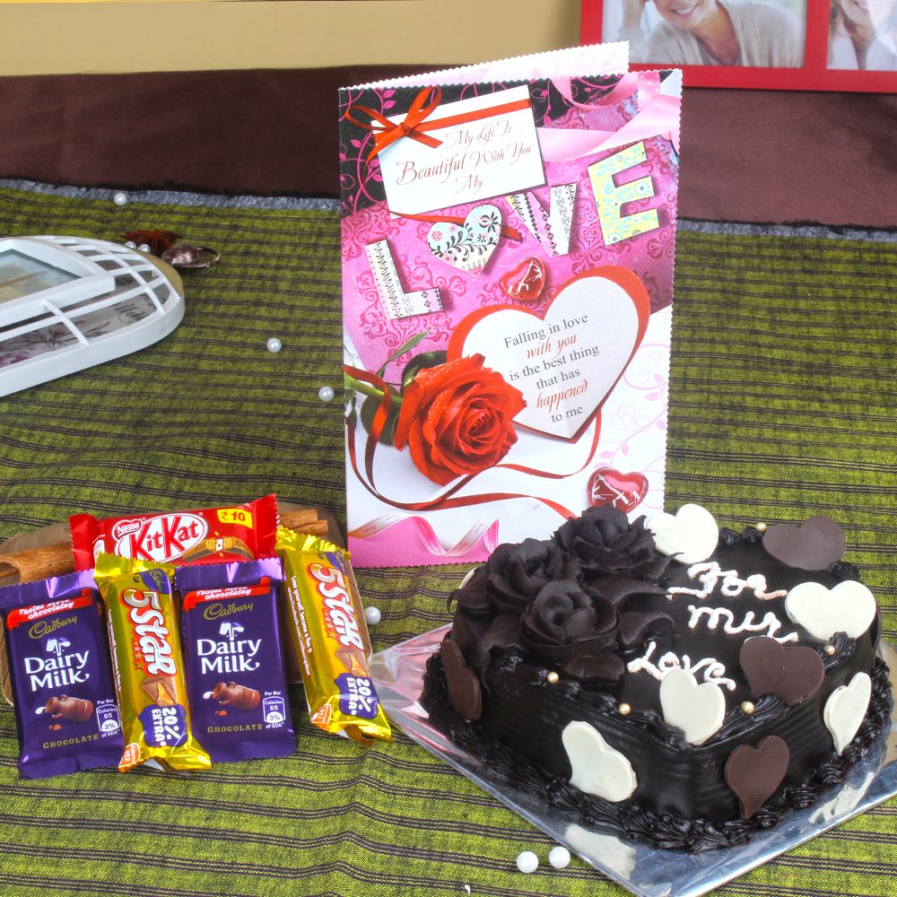 Assorted Chocolate with Heart Shape Chocolate Cake and Love Greeting Card