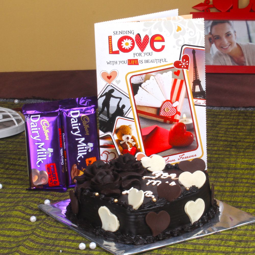 Cadbury Dairy Milk Chocolate with Heart Shape Chocolate Cake and Love Greeting Card