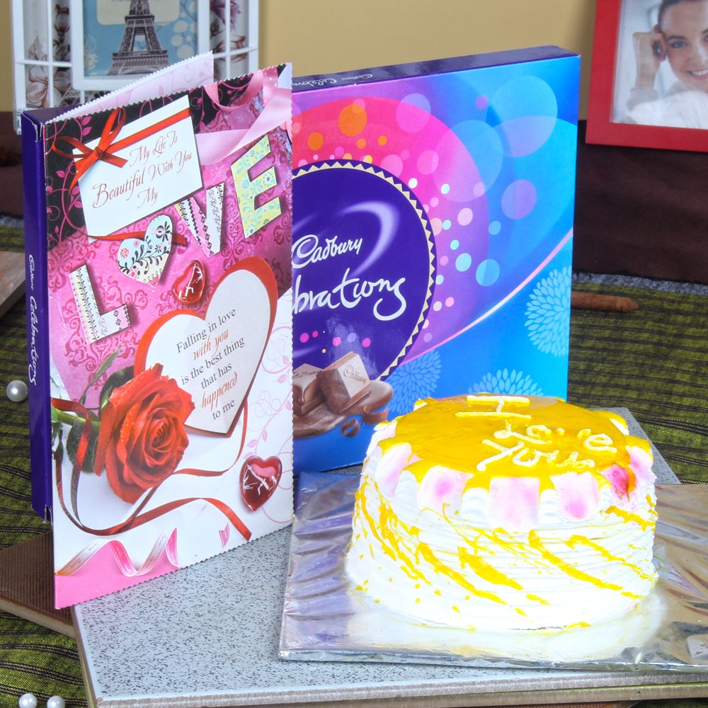 Pineapple Cake with Cadbury Celebration Chocolate Pack and Love Card