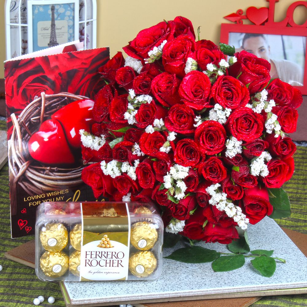 Red Roses Bouquet with Ferrero Rocher Chocolate and Love Card