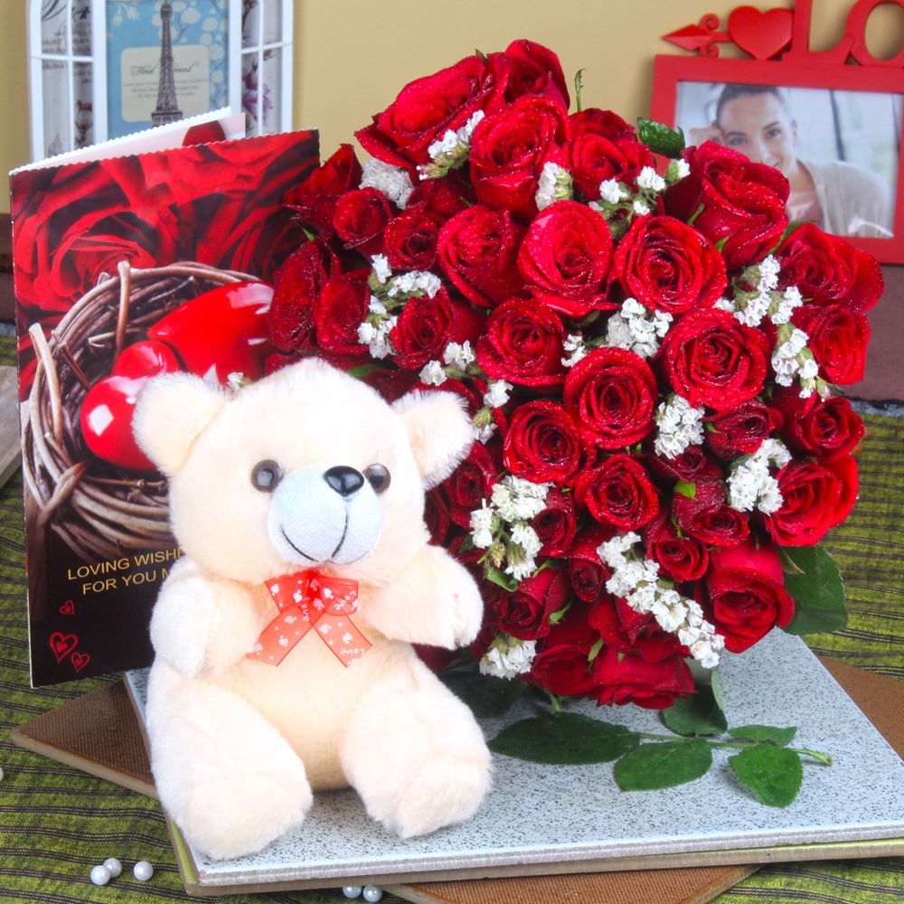 Teddy Bear with Red Roses Bouquet and Love Greeting Card