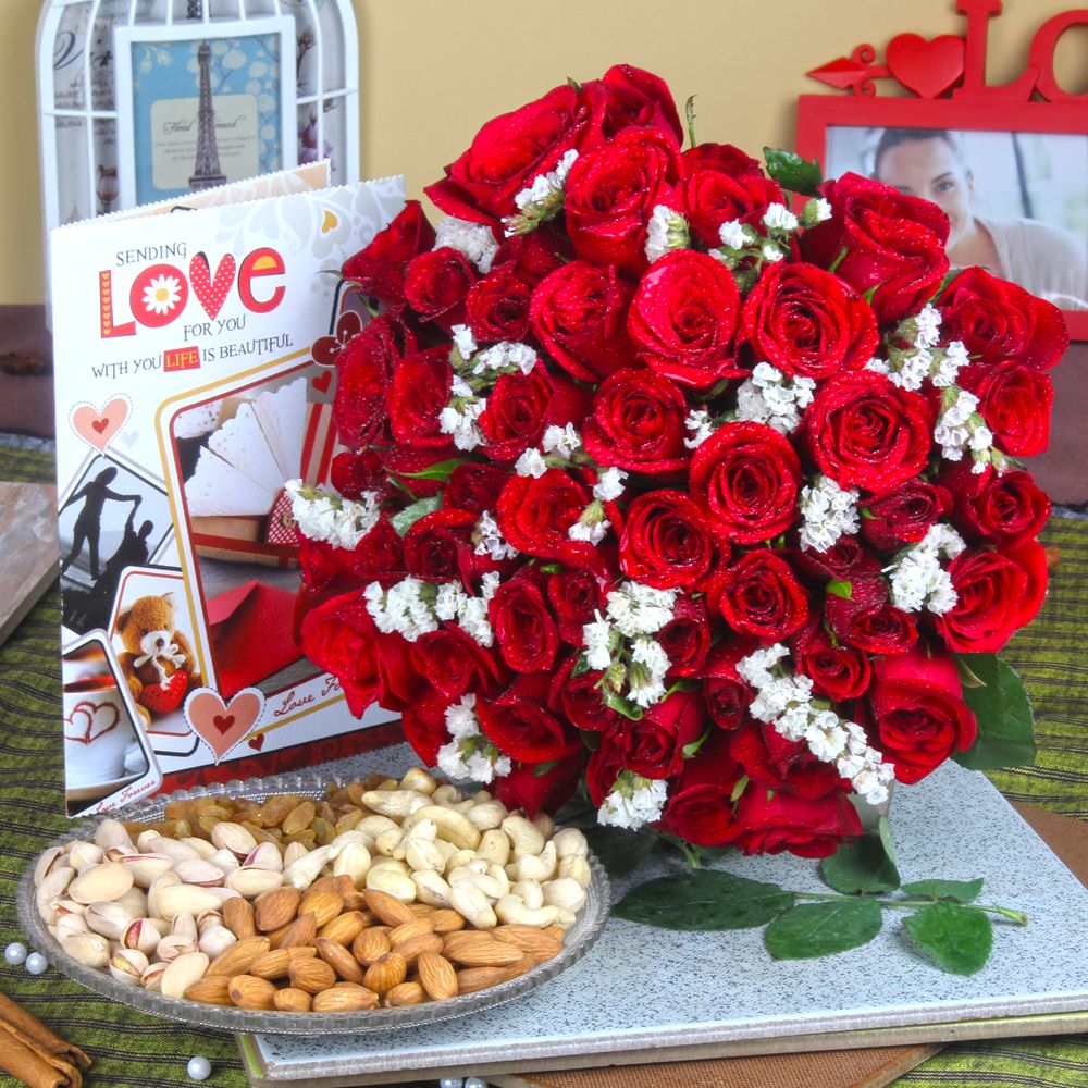 Assorted Dry Fruits with Red Roses Bouquet and Love Greeting Card