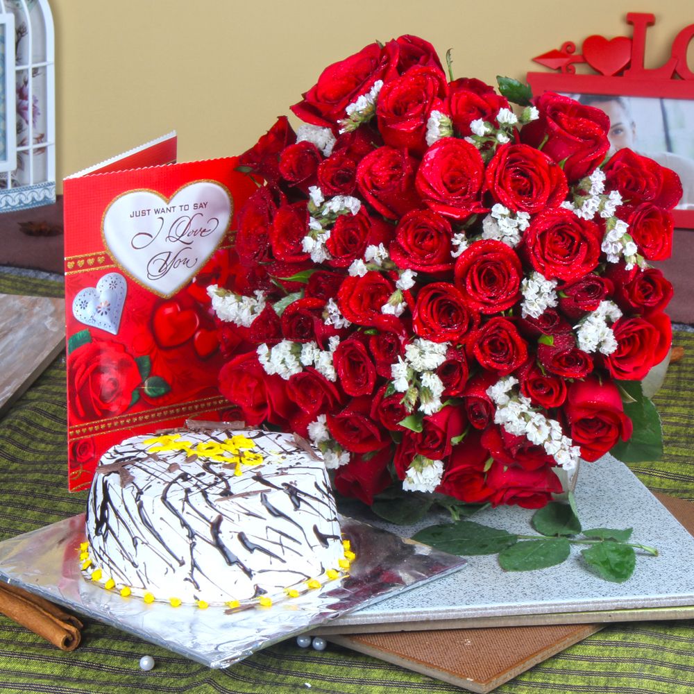 Vanilla Cake with Red Roses Bouquet wirth Love Greeting Card