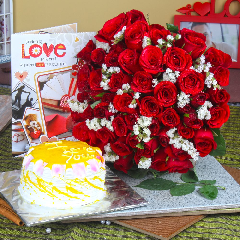 Pineapple Cake with Red Roses Bouquet wirth Love Greeting Card