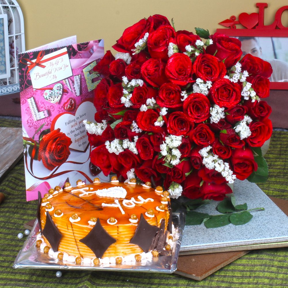 Butterscotch Cake with Red Roses Bouquet and Love Greeting Card