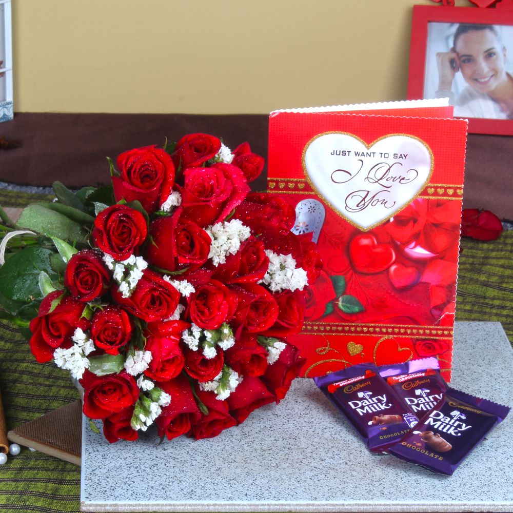 Red Roses Bouquet with Cadbury Dairy Milk Chocolate and Love Greeting Card