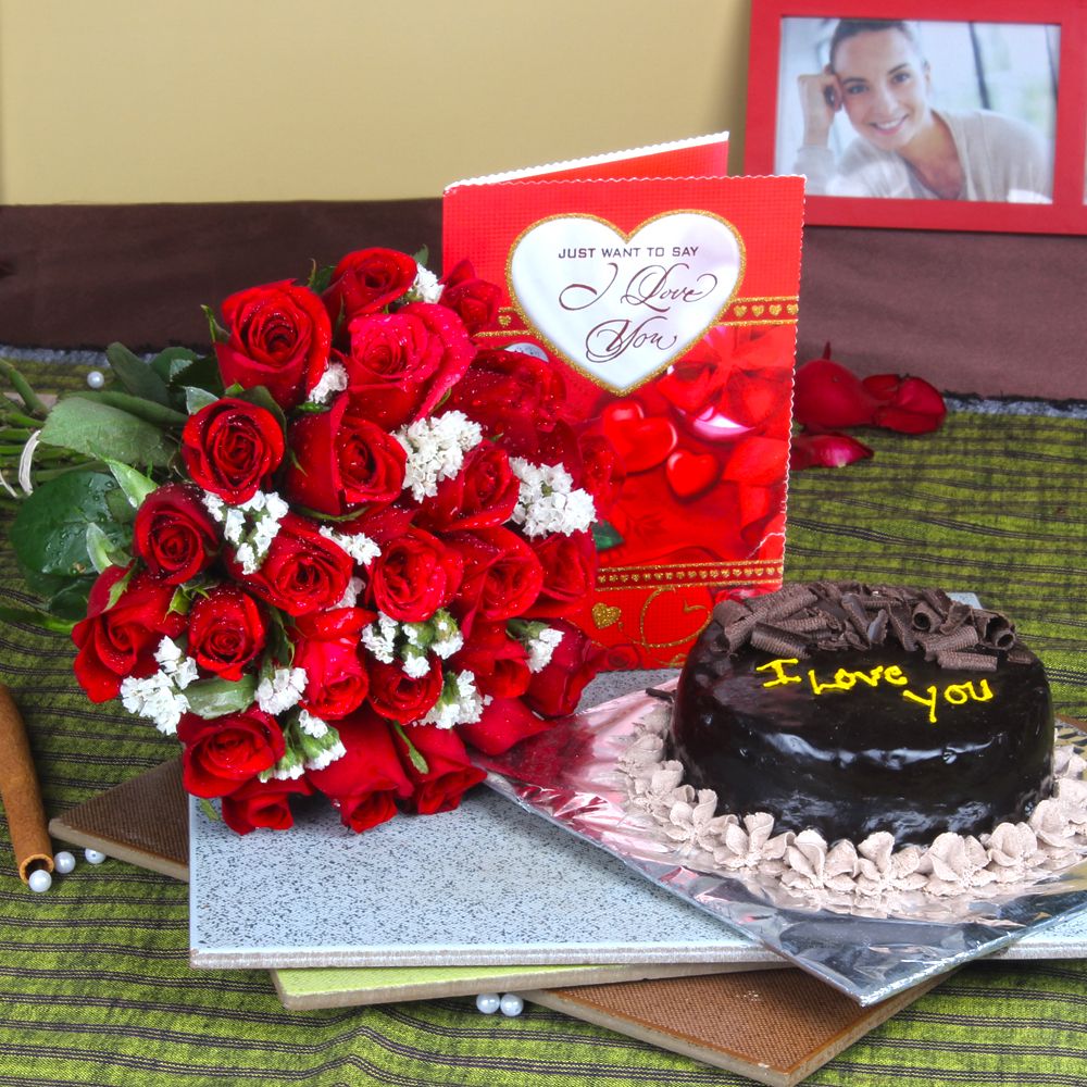 Love Greeting Card with Chocolate Cake and Red Roses Bouquet