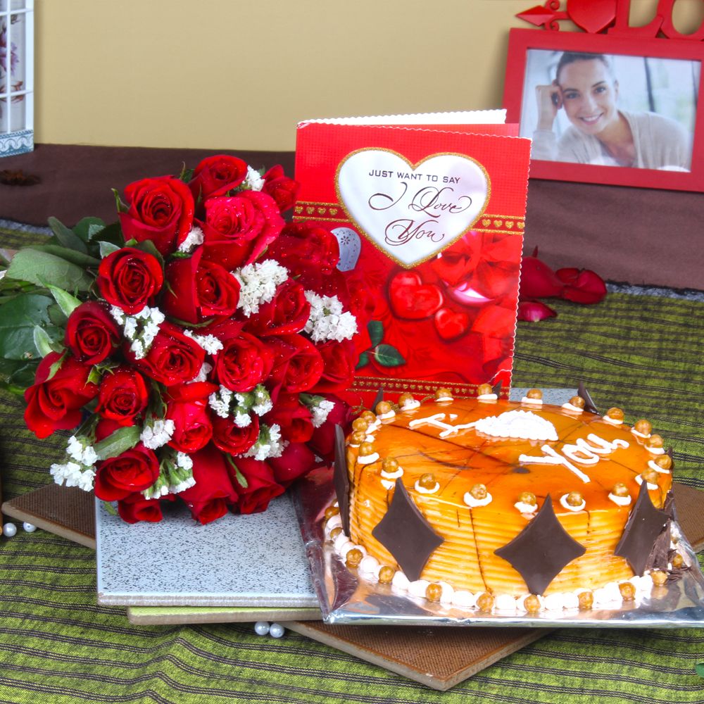 Red Roses Bouquet with Love Greeting Card and Butterscotch Cake