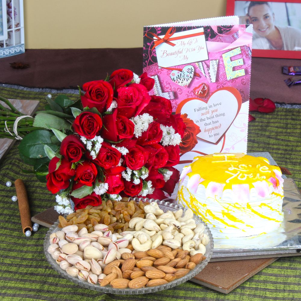 Love Valentine Gift Combo of Red Roses and Cake