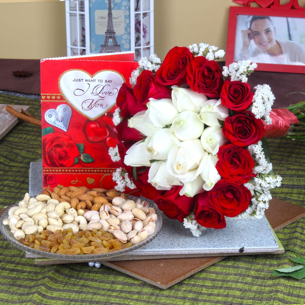 Love Greeting Card with Exclusive Roses Bouquet and Assorted Dry Fruits