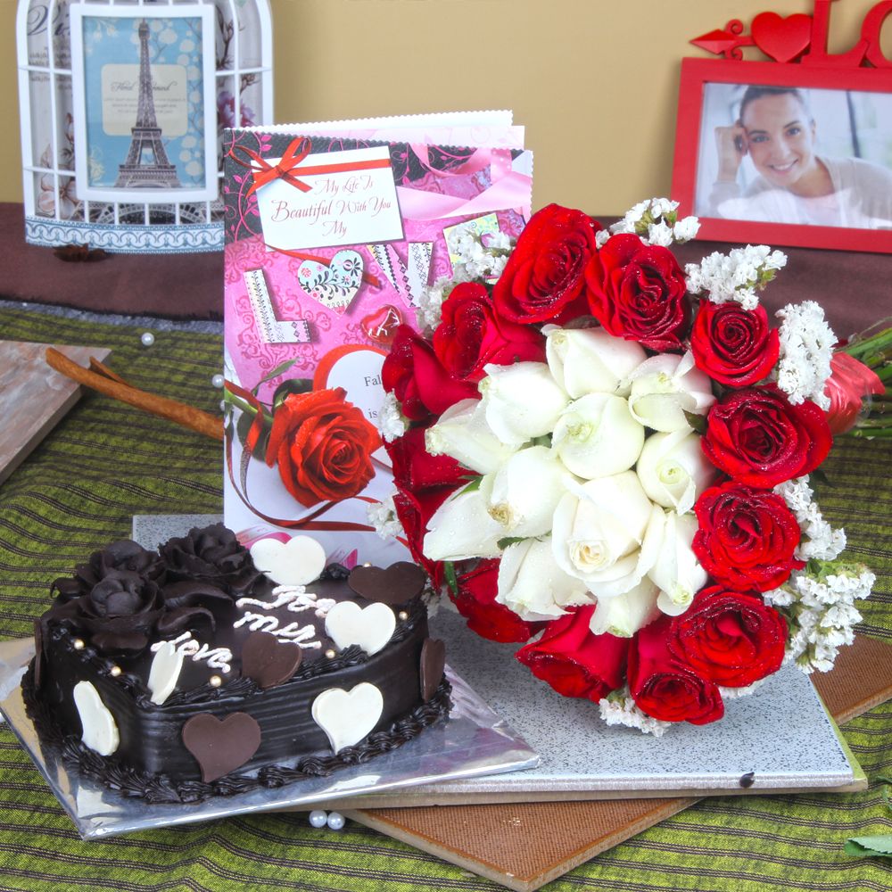 Heart Shape Chocolate Cake with Roses Bouquet and Love Greeting Card