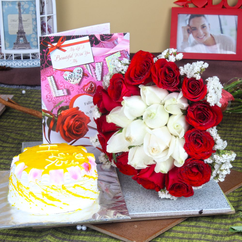 Pineapple Cake with Roses Bouquet and Love Greeting Card