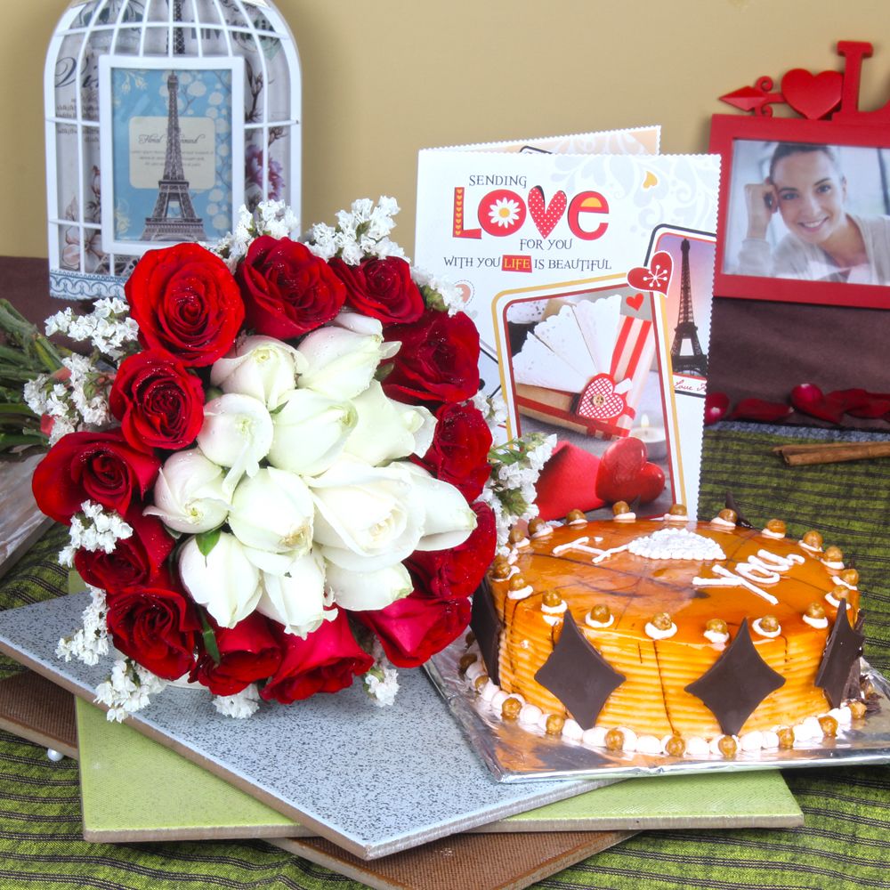 Attractive Roses Bouquet with Butterscotch Cake and Love Card