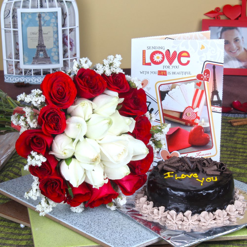 Chocolate Cake with Attractive Roses Bouquet and Love Card