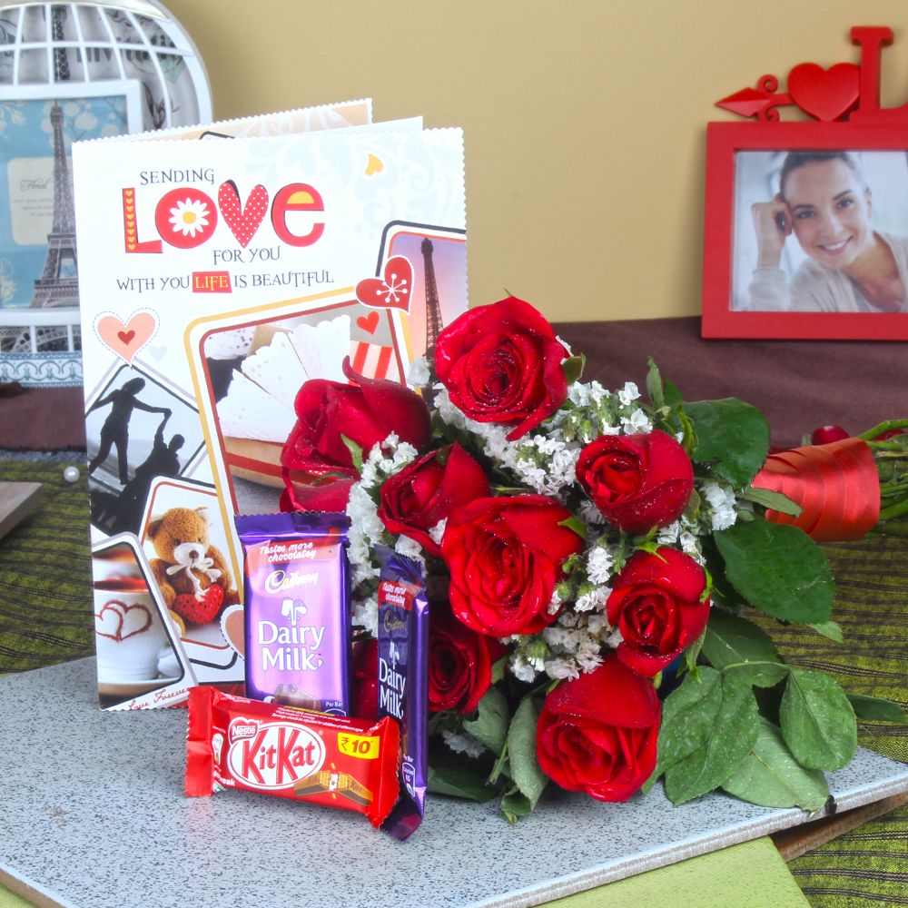 Red Roses Bouquet with Assorted Chocolate and Love Greeting Card