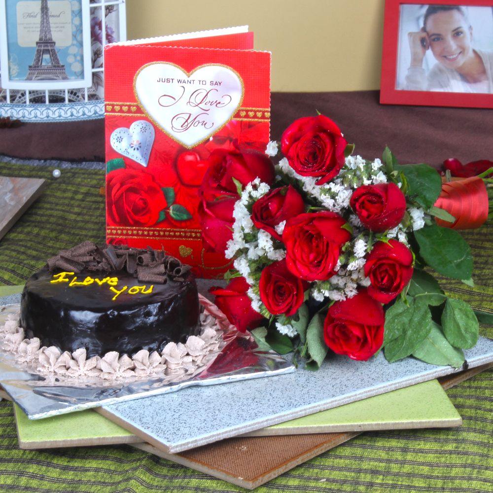 Chocolate Cake with Roses Bouquet and Love Greeting Card
