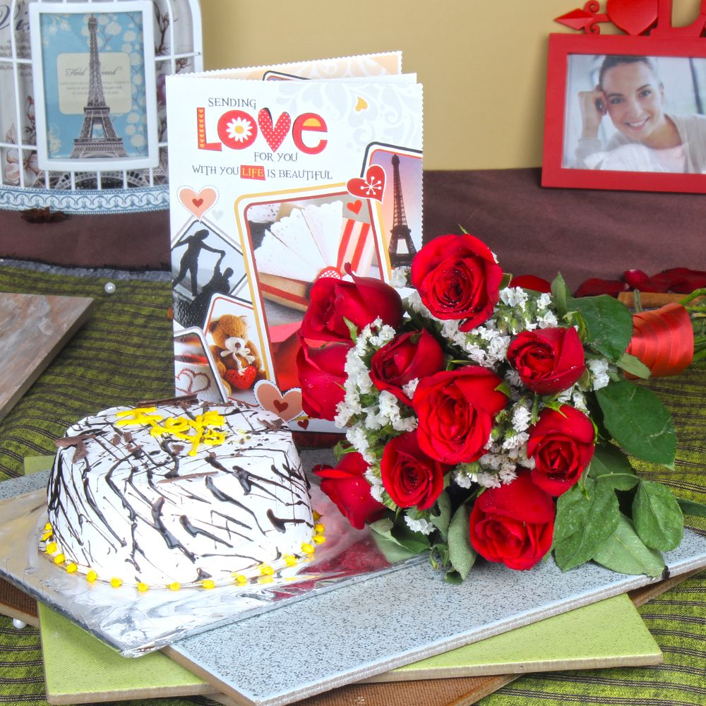 Vanilla Cake with Roses Bouquet and Love Greeting Card