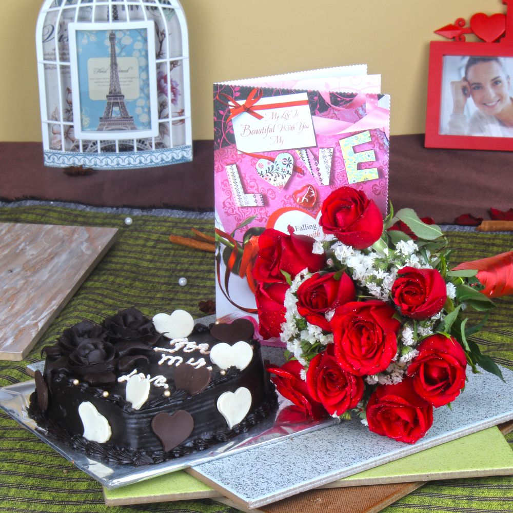 Heart Shape Chocolate Cake with Red Roses Bouquet and Love Greeting Card