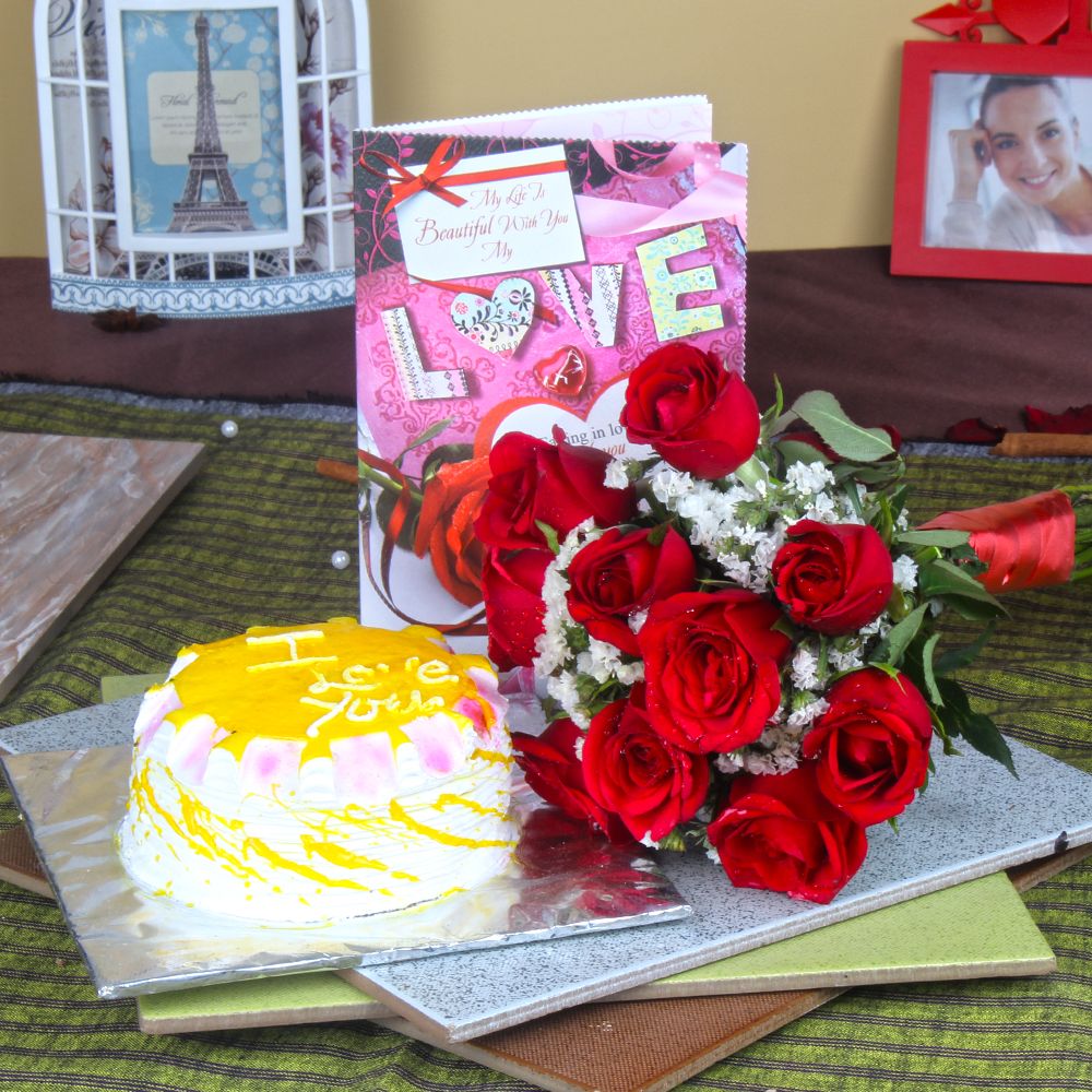 Pineapple Cake with Red Roses Bouquet and Love Greeting Card