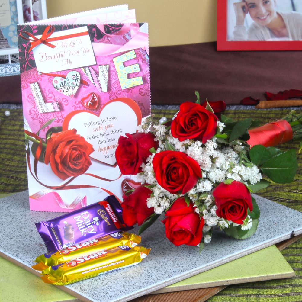 6 Red Roses Bouquet with Assorted Chocolate and Love Card