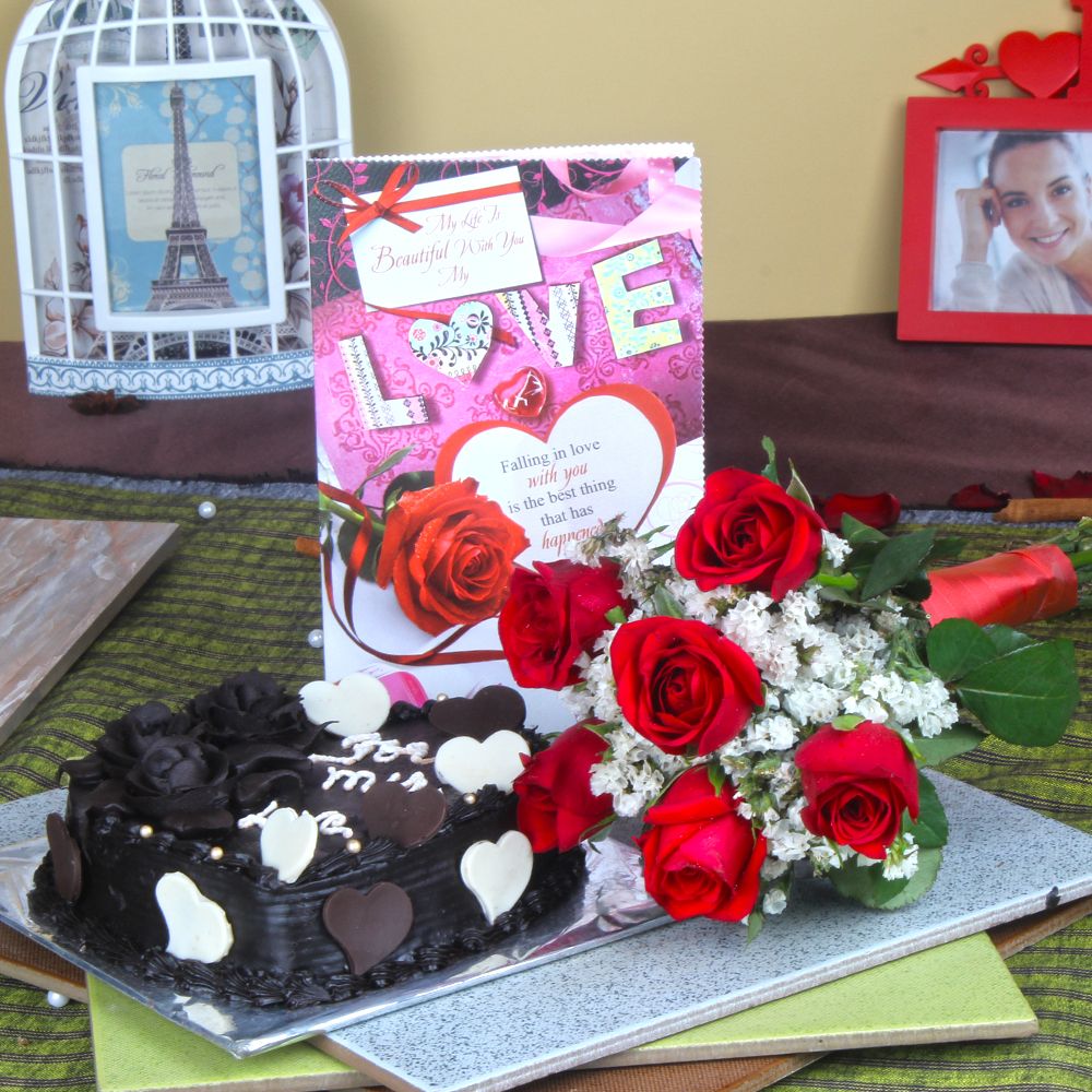 6 Red Roses Bouquet with Heart Shape Chocolate Cake and Love Card