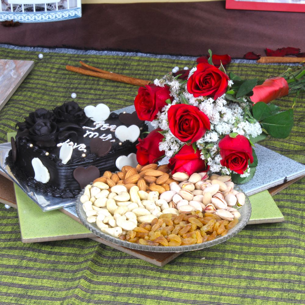 Assorted Dry Fruits with Roses Bouquet and Heart Shape Chocolate Cake